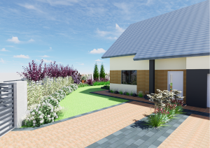 podjazd do domu, w tle rabaty