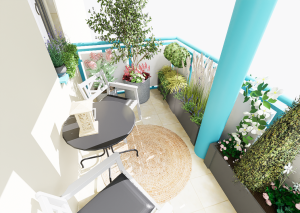 widok balkonu z donicami w nich nasadzenia z traw ozdobnych i zielnik