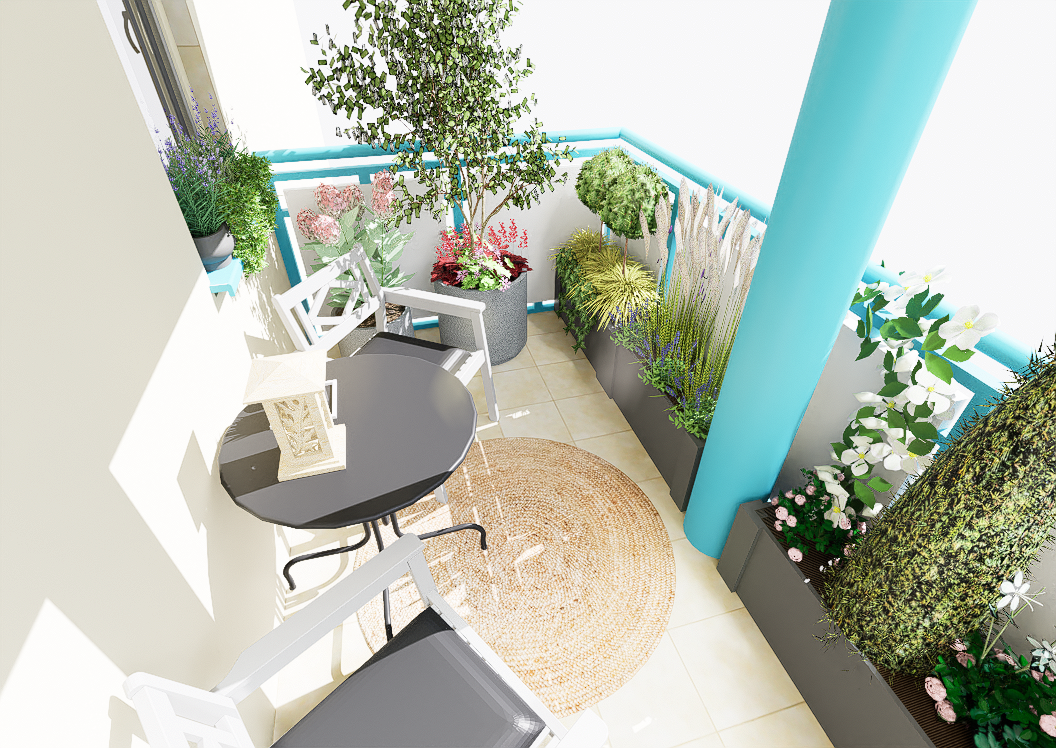 widok balkonu z donicami w nich nasadzenia z traw ozdobnych i zielnik