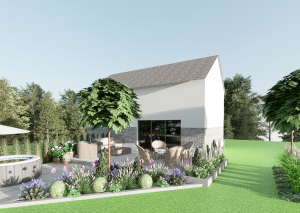 dom z trasem w otoczeniu kwitnących rabat