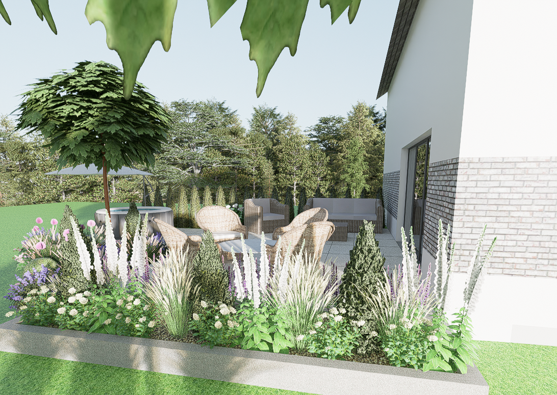 widok na rabatę przy tarasie, na pierwszym planie miscanty