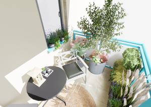 Balkon z donicami - donice z ziołami oraz z krzewami ozdobnymi. I stolik z krzesłami - miejscem do siedzenia w słońcu