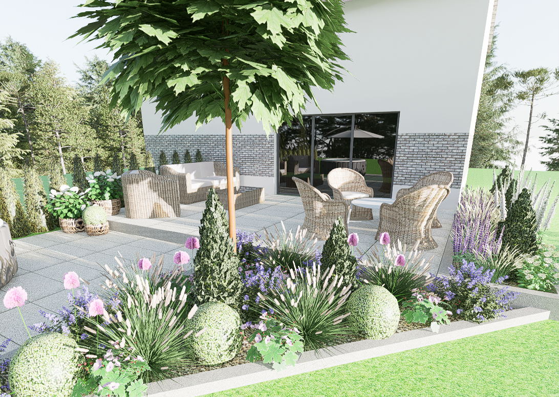 wizualizacja 3D - widok na rabatę przy tarasie z miejscem na basen