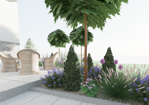 Wizualizacja 3D rabaty przy tarasie z drzewami i trawami ozdobnymi