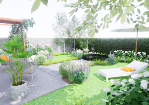 niewielki ogród z wodą w ogrodzie - woda w misie z kortenu - w wodzie odbijają się drzewa