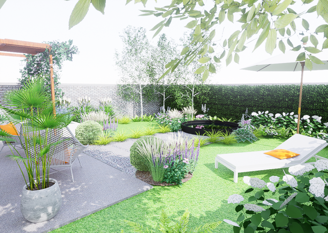 niewielki ogród z wodą w ogrodzie - woda w misie z kortenu - w wodzie odbijają się drzewa