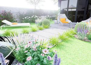 trawnik ze ścieżką wzdłuż którego rosną trawy ozdobne i byliny