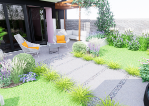 widok na taras z fotelami i stolikiem