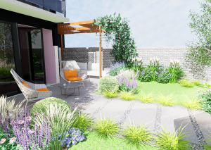 ścieżka z płyt betonowych prowadząca do tarasu, wzdłuż ścieżki rabaty z traw ozodobnych