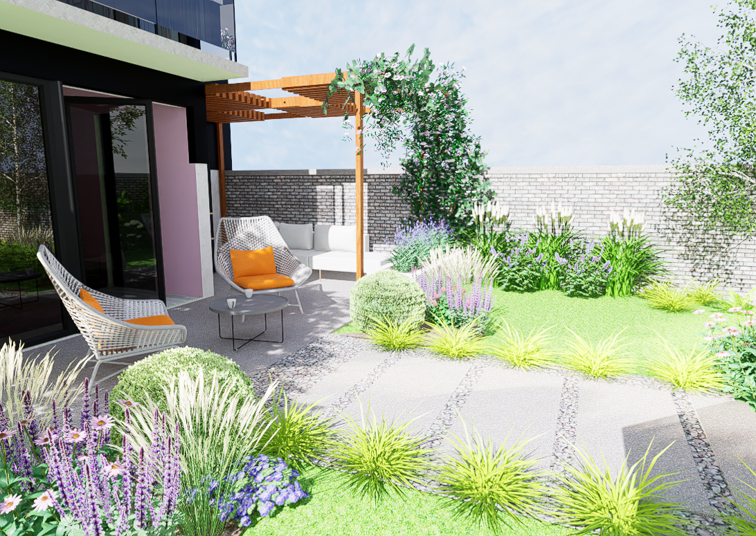 ścieżka z płyt betonowych prowadząca do tarasu, wzdłuż ścieżki rabaty z traw ozodobnych