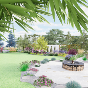 widok na miejsce z ogniskiem, w tle rabata z drzewem (Glediczja trójcierniowa 'Sunburst')