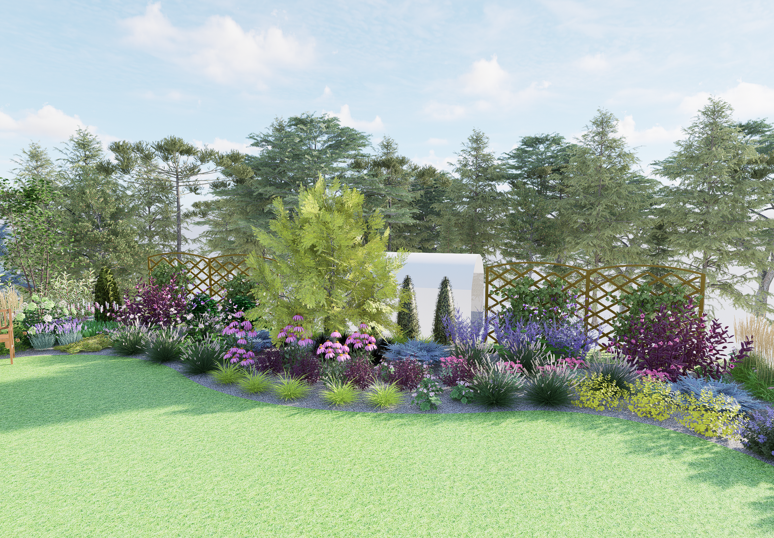 duża rabata z drzewem, kwitnące byliny i trawy ozdobne