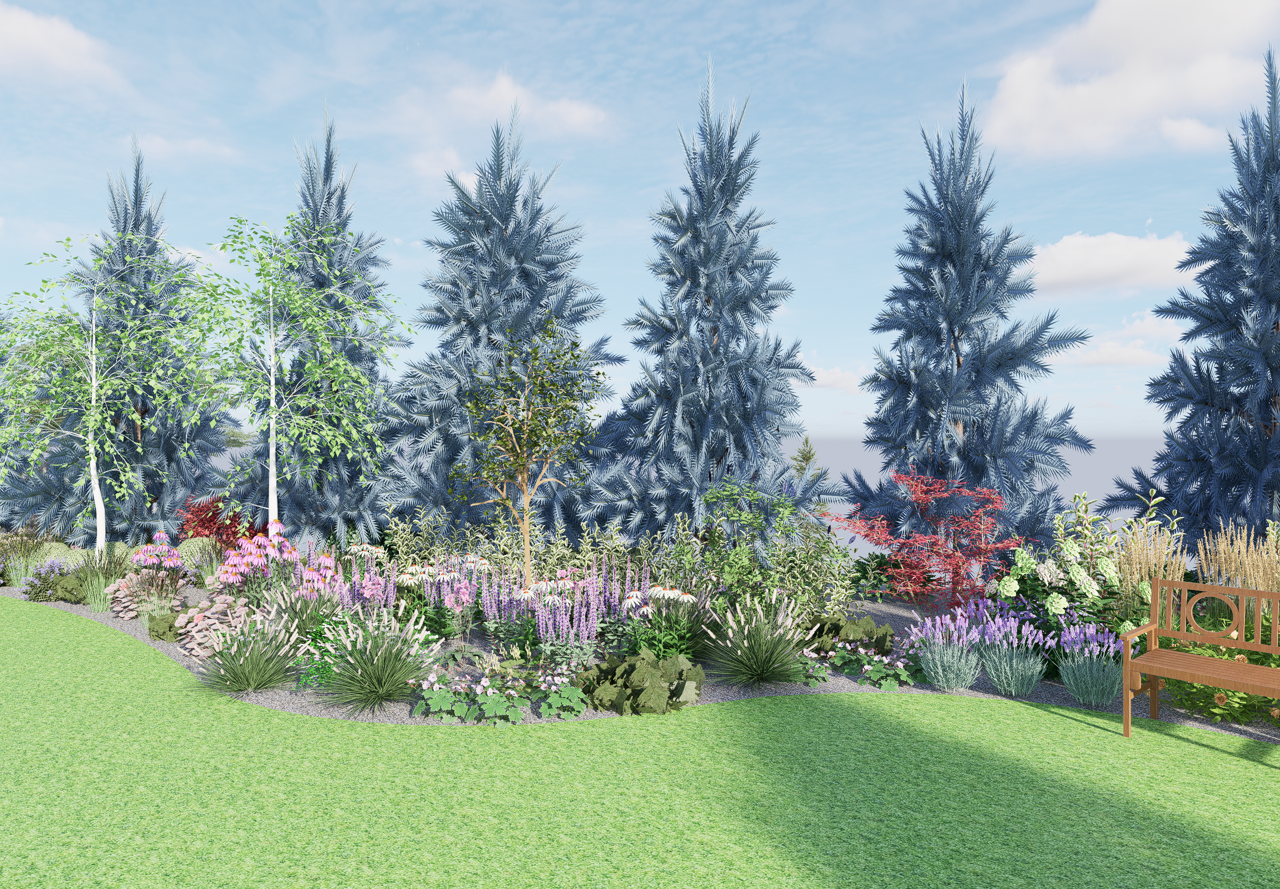 Kolorowy ogród pod Puszczą Kampinoską z rabatami z brzozami i kwitnącymi bylinami