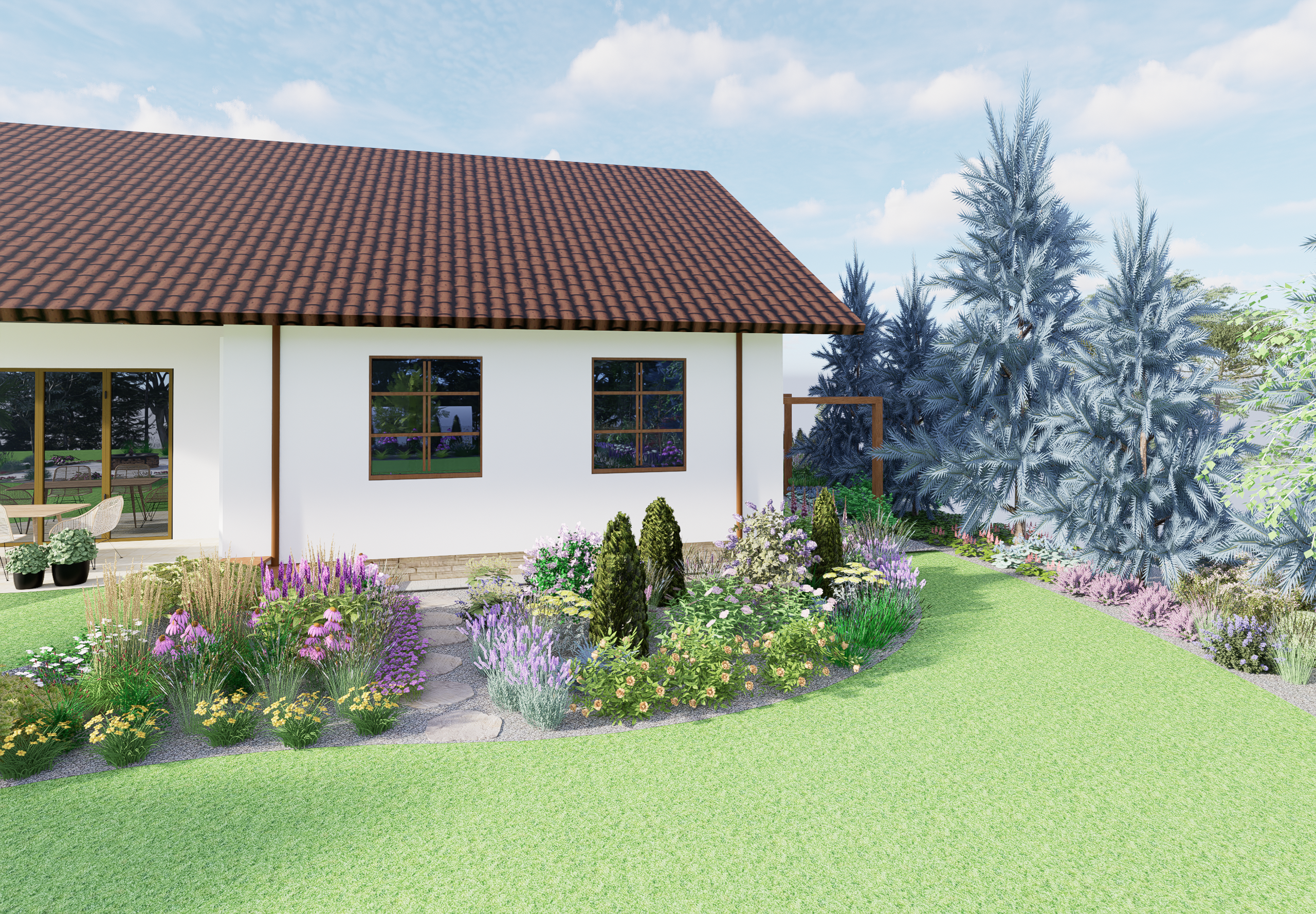 tył domu - rabaty z bylinami - widok na boczne przejście za domem, duże świerki z nowymi nasadzeniami pod nimi