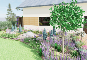 tył domu - widok na fontannę z kamieni i na kolorową rabatą z bylin i traw ozdobnych