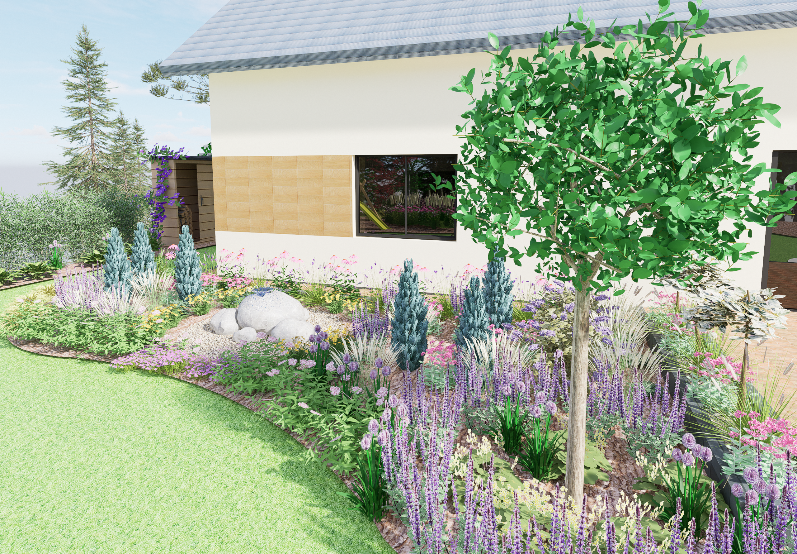 tył domu - widok na fontannę z kamieni i na kolorową rabatą z bylin i traw ozdobnych