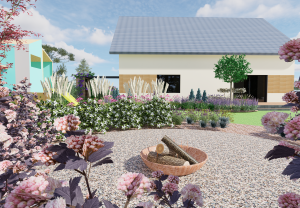 widok z końca ogrodu na dom z nowym tarasem i rabatami w koło niego