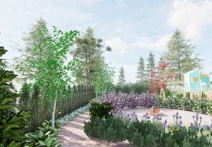 Miejsce na ognisko, w koło kwitnące rabaty, w oddali domek dla dzieci i zimozielony żywopłot