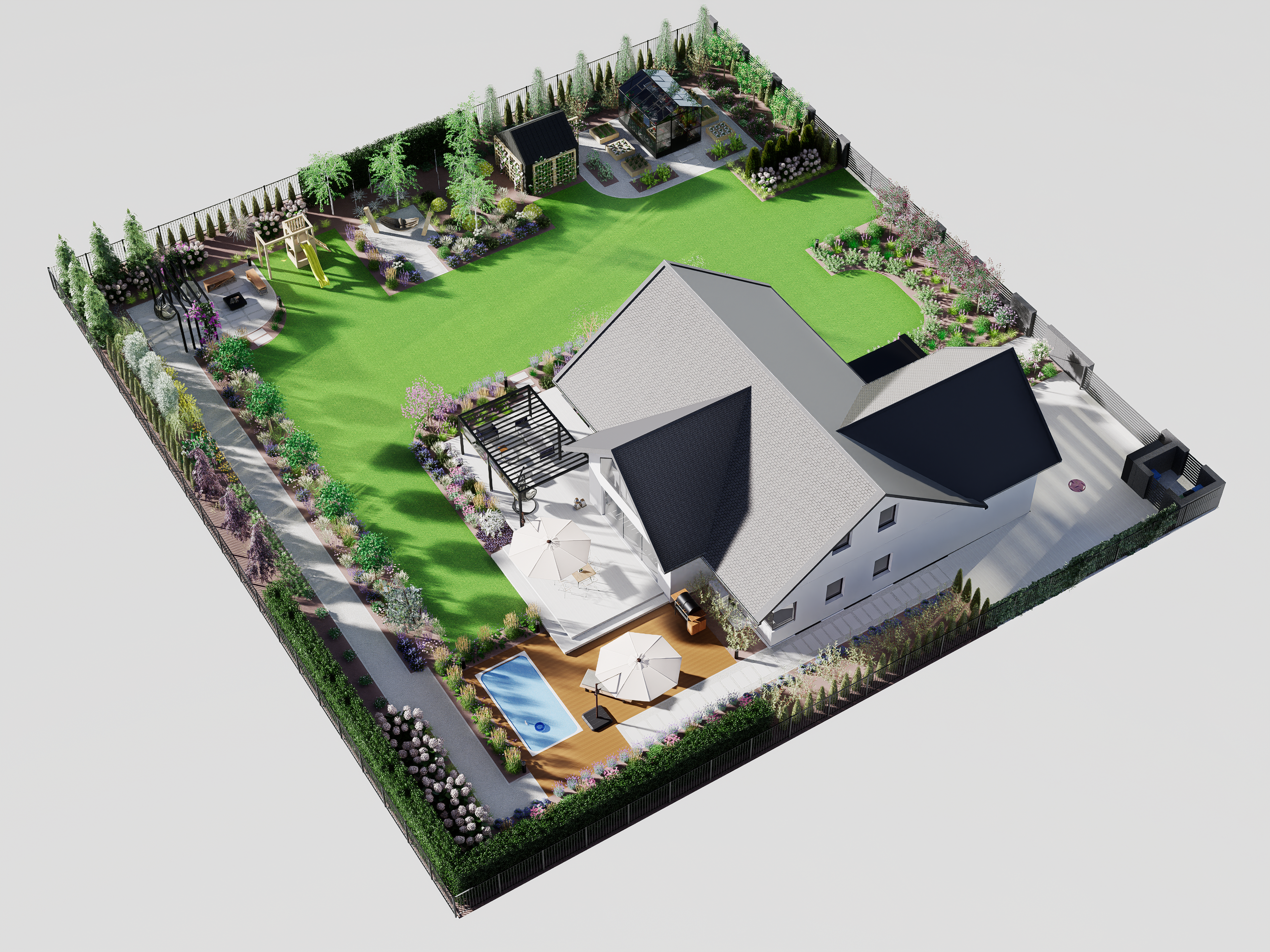 Rodzinny ogród z dużym tarasem, basenem, pergolą na tarasie i ukrytą ścieżką