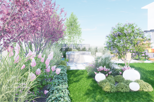 Ogród przy bliźniaku z jacuzzi w ustronnym miejscu wśród brzóz