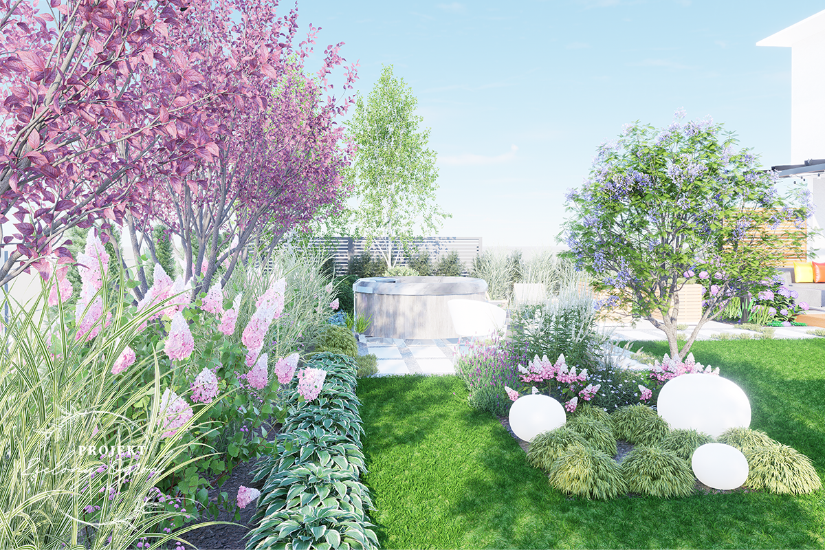 Ogród przy bliźniaku z jacuzzi w ustronnym miejscu wśród brzóz