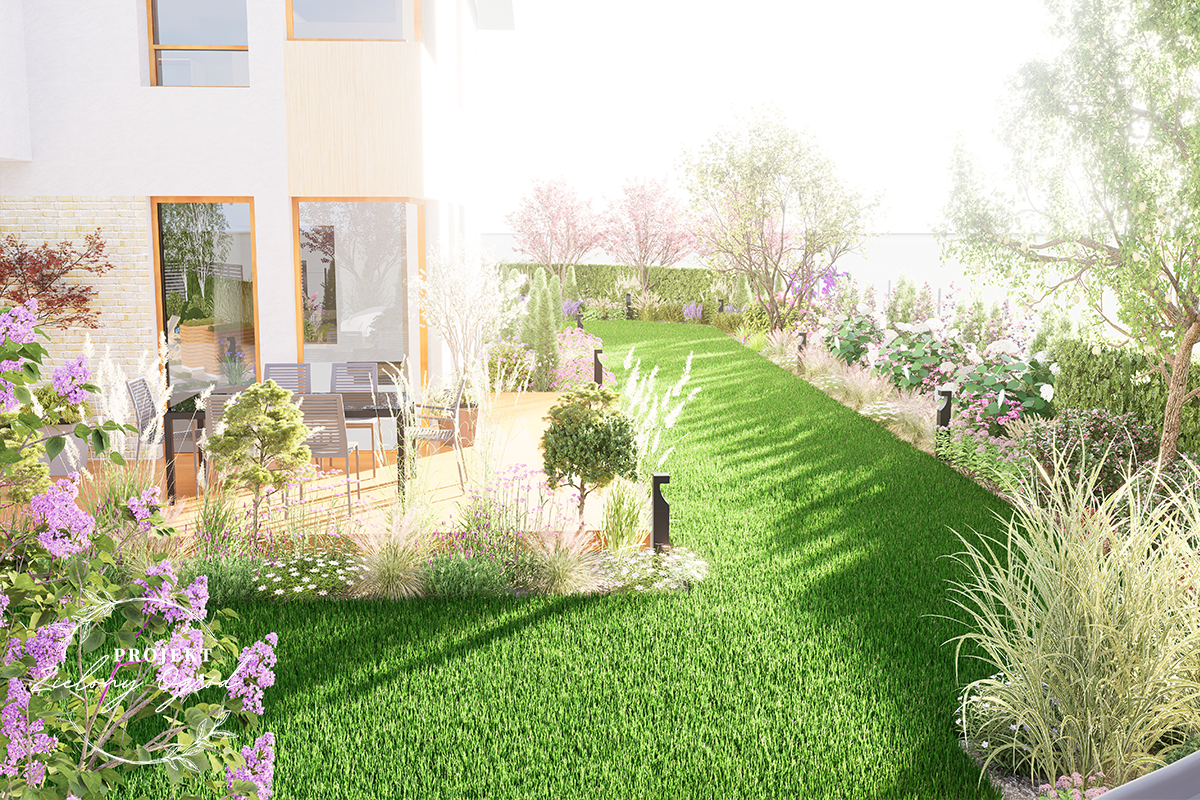 Widok na dom z ogrodem pełnym kolorowych rabat