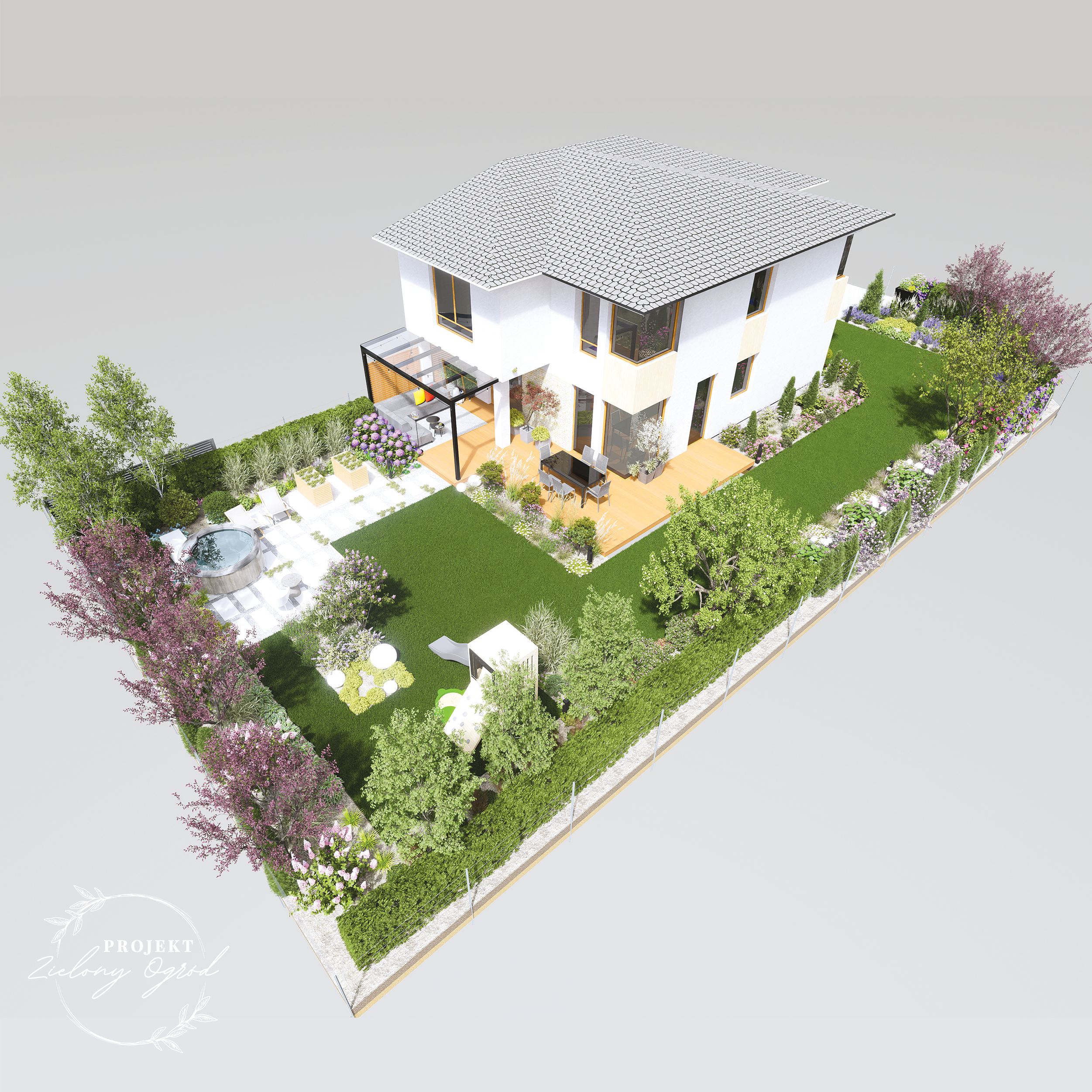 Ogród przy bliźniaku z jacuzzi, tarasem i rabatami