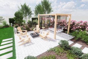 Huśtawka amerykańska pod pergolą koło miejsca na palenisko w ogrodzie pod Warszawą