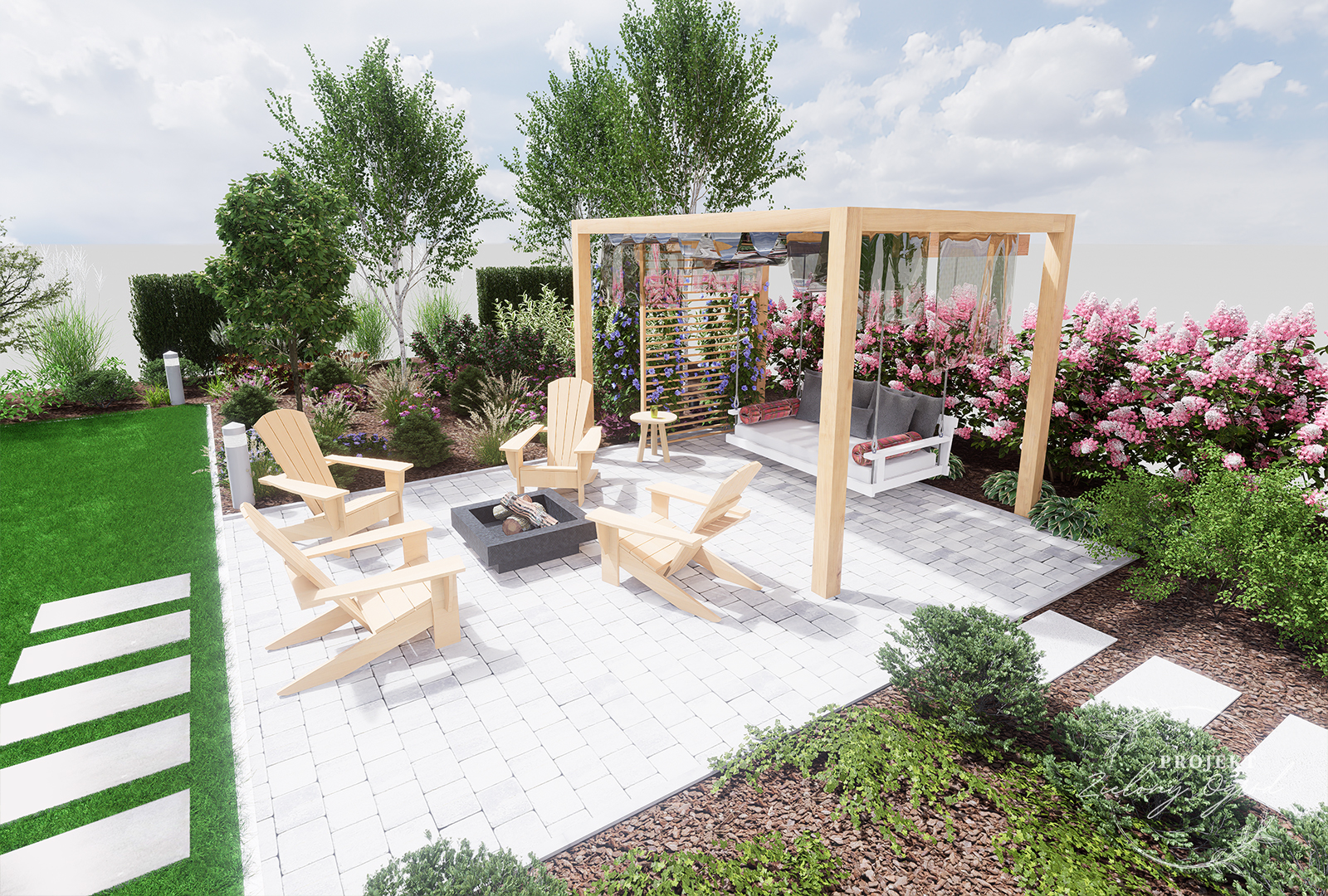 Huśtawka amerykańska pod pergolą koło miejsca na palenisko w ogrodzie pod Warszawą