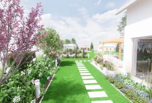 Ścieżka z płyt betonowych zatopionych w trawie prowadząca do miejsca z jacuzzi