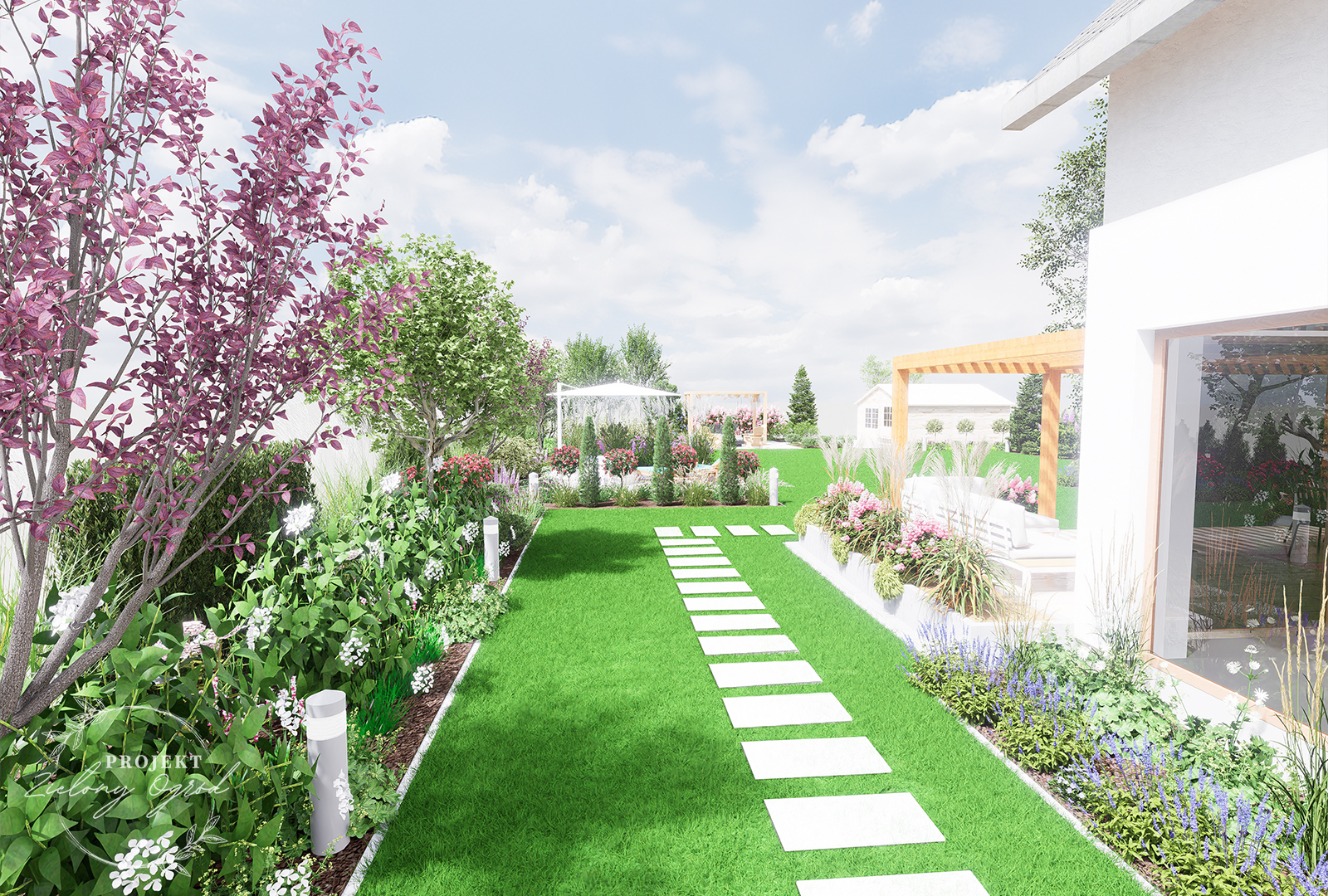 Ścieżka z płyt betonowych zatopionych w trawie prowadząca do miejsca z jacuzzi