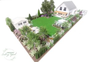 Ogród pod Warszawą z rabatami i miejscem na ognisko oraz jacuzzi - wszystko w otoczeniu zieleni drzew i krzewów