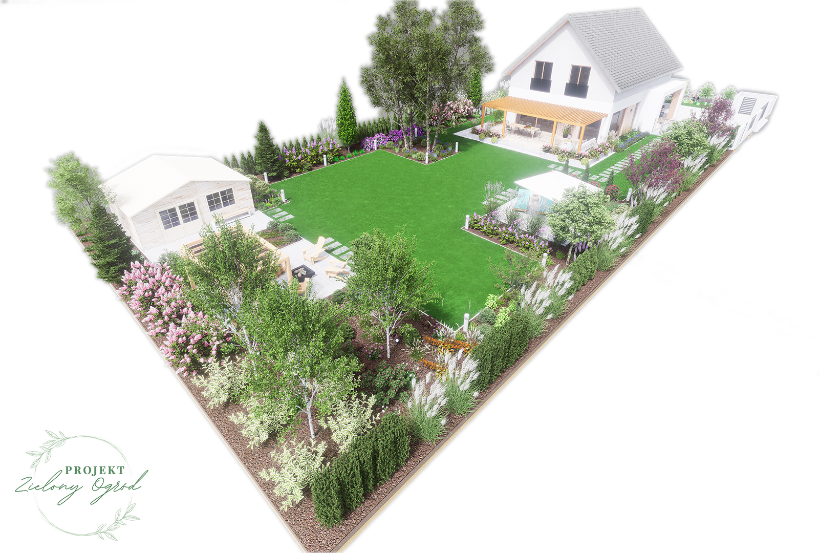 Ogród pod Warszawą z rabatami i miejscem na ognisko oraz jacuzzi - wszystko w otoczeniu zieleni drzew i krzewów