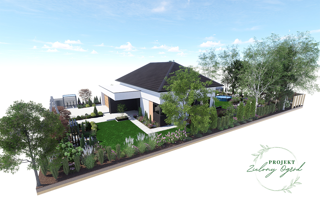 widok z góry na cały ogród - ogród jest w otoczeniu drzew sosen i brzóz - w stylu swobodnym z elementami prostymi