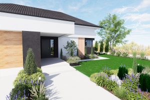 ogród pod Warszawą z rabatami z bylin, traw ozdobnych i krzewów zimozielonych