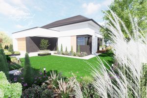 Widok na dom z ogrodem, pokazane rabaty pod domem i w przedogródku - pełne traw i bylin kwitnących